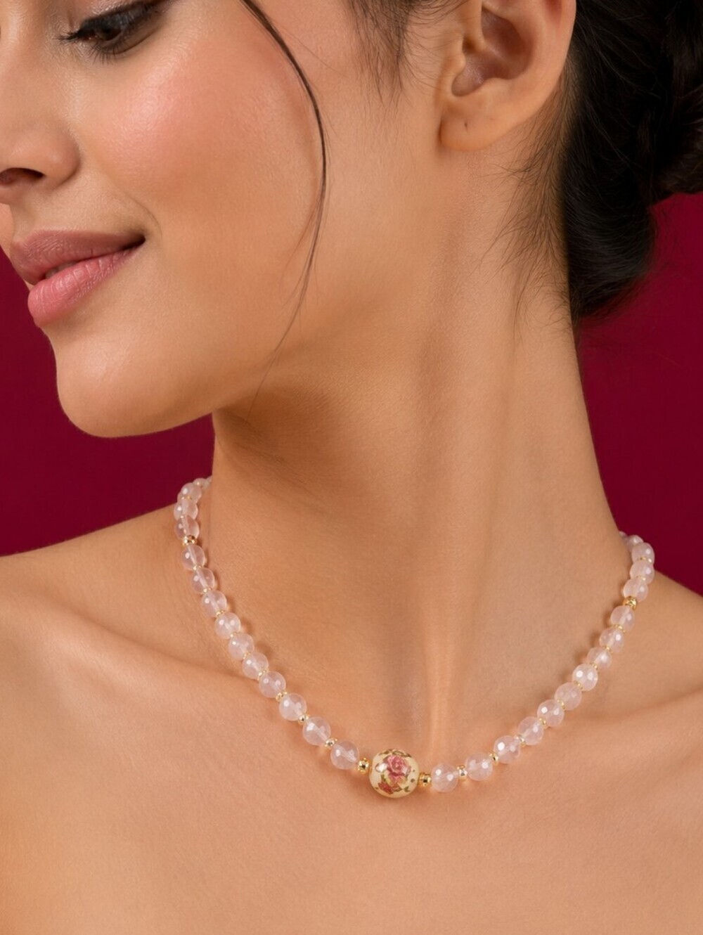 HANDMADE Rose Quartz Lampwork Glass Beaded Feminine Bridal Collar Necklace